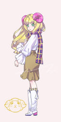 Rule 34 | 1girl, blonde hair, boots, animal crossing, full body, green eyes, grey background, high heel boots, high heels, highres, horns, long hair, nintendo, open mouth, personification, scarf, sheep, sheep horns, solo, wendy89929, willow (animal crossing)