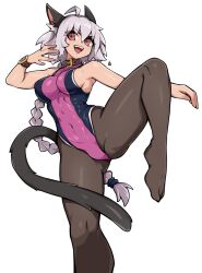 Rule 34 | 1girl, ahoge, animal ears, black pantyhose, blush, braid, breasts, cat ears, cat girl, cat tail, commission, covered navel, grey hair, highres, large breasts, long hair, looking at viewer, one-piece swimsuit, oninuer, open mouth, original, pantyhose, pantyhose under swimsuit, pink eyes, sideboob, simple background, single braid, smile, solo, swimsuit, tail, teeth, upper teeth only, white background