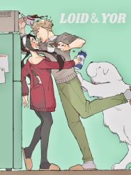 Rule 34 | 1boy, 1girl, animal, arm up, black hair, blonde hair, blush, bond (spy x family), breasts, carton, character name, coffee, coffee mug, commentary, cup, dog, dress, earrings, eye contact, great pyrenees, green background, green pants, grey sweater, hairband, highres, holding, holding carton, holding cup, jewelry, long sleeves, looking at another, making-of available, milk carton, mug, open mouth, ottonton &amp; tsumami, pants, pantyhose, pushing, red dress, refrigerator, slippers, spy x family, standing, sweater, twilight (spy x family), white dog, white hairband, yor briar