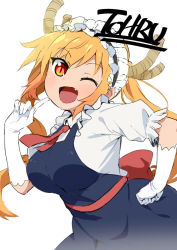 Rule 34 | 1girl, ;d, apron, ascot, blonde hair, blue apron, breasts, character name, commentary request, dragon girl, dragon horns, elbow gloves, fang, gloves, gradient hair, haaam, hand on own hip, highres, horns, kobayashi-san chi no maidragon, long hair, looking at viewer, maid, maid headdress, multicolored hair, one eye closed, open mouth, orange eyes, orange hair, puffy short sleeves, puffy sleeves, red ascot, short sleeves, simple background, slit pupils, smile, solo, tohru (maidragon), twintails, upper body, white background, white gloves
