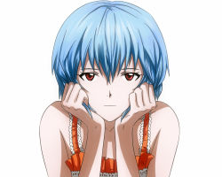 Rule 34 | 1girl, ayanami rei, bad deviantart id, bad id, baileyley, bare shoulders, blue hair, expressionless, frills, head rest, neon genesis evangelion, red eyes, short hair, solo, white background