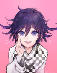 Rule 34 | 1boy, arm belt, belt, black scarf, checkered clothes, checkered scarf, commentary request, danganronpa (series), danganronpa v3: killing harmony, dated, eyelashes, hair between eyes, hand on own cheek, hand on own face, jacket, layered sleeves, long sleeves, multicolored clothes, multicolored jacket, notice lines, oma kokichi, open mouth, palms, pink background, purple eyes, purple hair, scarf, short hair, signature, simple background, sleeves past wrists, smile, solo, straight-on, teeth, torn clothes, torn scarf, two-tone jacket, u u ki u u, upper body, upper teeth only, white belt, white jacket, white scarf