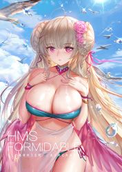 Rule 34 | 1girl, absurdres, ahoge, alternate costume, areola slip, azur lane, bangle, bikini, bird, blonde hair, blue bikini, blush, bracelet, braid, breasts, character name, choker, cleavage, cowboy shot, day, double bun, feathers, flower, formidable (azur lane), formidable (the lady of the beach) (azur lane), hair bun, hair flower, hair ornament, hair ribbon, has bad revision, has downscaled revision, highres, huge filesize, jewelry, large breasts, long hair, looking at viewer, md5 mismatch, nail polish, navel, outdoors, pink choker, pink flower, pink nails, pink ribbon, red eyes, resolution mismatch, ribbon, sarong, see-through, sidelocks, solo, source smaller, swimsuit, tsuki no i-min, very long hair, wet, wristband