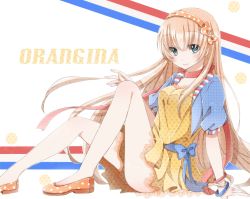 Rule 34 | 1girl, bow, bracelet, dress, french flag, hiro (hirohiro31), jewelry, long hair, looking at viewer, orangina, original, personification, polka dot, polka dot dress, simple background, smile, solo, very long hair, white background