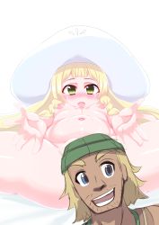 Rule 34 | 1boy, 1girl, aotsugi seiji, bed sheet, blonde hair, blue eyes, blush, braid, breasts, convenient censoring, convenient head, creatures (company), game freak, green eyes, green headwear, hat, highres, hiker (pokemon), lillie (pokemon), long hair, looking at viewer, looking away, lying, navel, nintendo, nipples, nude, on back, open mouth, outstretched arms, partially visible vulva, pokemon, pokemon sm, presenting, shiny skin, shirt, short hair, simple background, small breasts, smile, spread legs, sun hat, teeth, twin braids, white background, white headwear