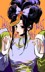 Rule 34 | 1boy, absurdres, alternate hairstyle, black hair, bow, chinese clothes, cinnamiku hairstyle, detached sleeves, fangs, fingernails, hair bow, halloween costume, hands up, highres, hunter x hunter, illumi zoldyck, jack-o&#039;-lantern, jiangshi, long fingernails, long hair, long sleeves, looking at viewer, male focus, nail polish, object on head, orange background, orange nails, smeltea, solo, talisman, tongue, tongue out, trick or treat, updo, upper body