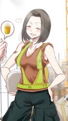 Rule 34 | 1girl, aihara ume, alternate breast size, breasts, brown hair, cargo pants, citrus (saburouta), commentary request, construction, construction site, construction worker, gangshangguang (smjy5842), hard hat, hat, helmet, high-visibility vest, highres, holding, mature female, medium breasts, open mouth, pants, shirt, short hair