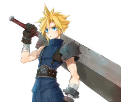 Rule 34 | 1boy, armor, bandaged arm, bandages, belt, blonde hair, blue eyes, blue pants, blue shirt, buster sword, cloud strife, cowboy shot, earrings, final fantasy, final fantasy vii, gloves, hair between eyes, holding, holding sword, holding weapon, jewelry, looking to the side, male focus, mare (pixiv), over shoulder, pants, shirt, short hair, shoulder armor, single earring, sleeveless, sleeveless turtleneck, solo, spiked hair, square enix, suspenders, sword, turtleneck, weapon, weapon over shoulder, white background