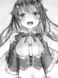 Rule 34 | 1girl, :d, bad id, bad pixiv id, blush, dot nose, greyscale, hair ornament, highres, hololive, idol, long hair, looking at viewer, midriff, monochrome, nanashi (nlo), neck ribbon, open clothes, open mouth, open vest, outstretched arms, ribbon, simple background, smile, solo, spread arms, star (symbol), star hair ornament, teeth, tokino sora, tokino sora (1st costume), underbust, upper body, upper teeth only, vest, virtual youtuber, white background