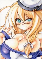 Rule 34 | 10s, 1girl, aqua eyes, blonde hair, blue eyes, blue one-piece swimsuit, blush, breasts, cleavage, covered erect nipples, female focus, glasses, hat, huge breasts, i-8 (kancolle), kantai collection, large breasts, long hair, looking at viewer, marker (medium), millipen (medium), one-piece swimsuit, red-framed eyewear, school swimsuit, semi-rimless eyewear, shiny skin, simple background, slit pupils, smile, solo, swimsuit, traditional media, under-rim eyewear, uneven eyes, upper body, white background, yutakasan-love