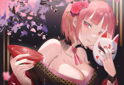 Rule 34 | 1girl, absurdres, black background, black kimono, bob cut, breasts, cleavage, close-up, commentary, cup, detached collar, english commentary, flower, fox mask, gurina, hair flower, hair ornament, highres, holding, holding cup, holding mask, hololive, hololive english, japanese clothes, kimono, lace-trimmed collar, lace trim, large breasts, looking at viewer, mask, mori calliope, off shoulder, petals, pink flower, pink hair, red eyes, sakazuki, short hair, simple background, smile, solo, virtual youtuber