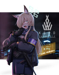 Rule 34 | animal ears, armband, assault rifle, black gloves, black pantyhose, blonde hair, blue archive, blue eyes, blue halo, blue jacket, blue necktie, blue skirt, border, cityscape, collared shirt, commentary request, dog ears, english text, flashlight, glock, gloves, gun, gun sling, halo, handgun, hands up, high collar, highres, holding, holding weapon, jacket, kanna (blue archive), long hair, long sleeves, looking at viewer, m4 carbine, necktie, open clothes, open jacket, open mouth, pantyhose, bulletproof vest, police, rifle, sekino takehiro, sharp teeth, shirt, skirt, teeth, tongue, trigger discipline, upper body, vertical foregrip, weapon, white border