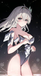 Rule 34 | 1girl, absurdres, ahoge, armored leotard, bare shoulders, black background, black hairband, black leotard, blush, breasts, brown eyes, cleavage, collarbone, cowboy shot, firefly (honkai: star rail), grey hair, hair ornament, hairband, highres, honkai: star rail, honkai (series), large breasts, leotard, long hair, looking at viewer, parted lips, solo, standing, strapless, strapless leotard, thighs, yeni1871