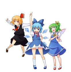 Rule 34 | 3girls, blonde hair, blue eyes, blue hair, bow, cirno, daiyousei, dress, embodiment of scarlet devil, green eyes, green hair, hair bow, hand up, hatsuka, mary janes, multiple girls, no nose, outstretched arms, own hands together, panties, pantyshot, pointing, red eyes, rumia, shoes, short hair, smile, socks, spread arms, touhou, underwear, upskirt, white panties