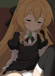 Rule 34 | 1girl, black bow, black dress, black thighhighs, blonde hair, blouse, blush, bow, brooch, child, closed eyes, collared shirt, commentary request, dress, facing viewer, feet out of frame, hair between eyes, hair bow, highres, jewelry, knee up, layered sleeves, long hair, long sleeves, momio, original, panties, parted lips, puffy short sleeves, puffy sleeves, ringlets, shirt, short over long sleeves, short sleeves, sleeping, solo, thighhighs, underwear, very long hair, white panties, white shirt