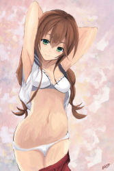 Rule 34 | 10s, 1girl, armpits, arms up, bra, braid, breasts, brown hair, commentary request, eyebrows, green eyes, kantai collection, light smile, long hair, looking at viewer, medium breasts, navel, noshiro (kancolle), panties, parted lips, twin braids, underwear, undressing, white bra, white panties, yanagi wakana