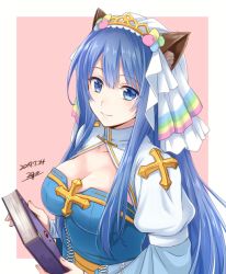 Rule 34 | 1girl, 20nigu, animal ear fluff, animal ears, arch bishop (ragnarok online), blue dress, blue eyes, blue hair, blush, book, breasts, cat ears, cleavage, cleavage cutout, closed mouth, clothing cutout, commentary request, cross, dress, headdress, holding, holding book, juliet sleeves, large breasts, long hair, long sleeves, looking at viewer, pink background, puffy sleeves, ragnarok online, sash, signature, simple background, smile, solo, two-tone background, two-tone dress, upper body, white background, white dress, yellow sash