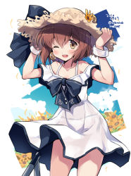 Rule 34 | 1girl, blush, brown eyes, brown hair, collarbone, commentary request, cowboy shot, dated, dress, flower, hands on headwear, hat, kantai collection, odawara hakone, one-hour drawing challenge, one eye closed, open mouth, short hair, sleeveless, sleeveless dress, smile, solo, speaking tube headset, straw hat, sun hat, sunflower, twitter username, white dress, yellow flower, yukikaze (kancolle)