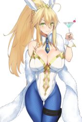 Rule 34 | 1girl, ahoge, akatsuki ikki, animal ears, artoria pendragon (all), artoria pendragon (fate), artoria pendragon (swimsuit ruler) (fate), bare shoulders, blonde hair, blue necktie, blue pantyhose, blush, braid, breasts, cleavage, clothing cutout, cocktail glass, cup, detached collar, drinking glass, fake animal ears, fate/grand order, fate (series), feather boa, fishnet pantyhose, fishnets, french braid, green eyes, hair between eyes, highleg, highleg leotard, holster, large breasts, leotard, long hair, looking at viewer, navel, navel cutout, necktie, pantyhose, playboy bunny, ponytail, rabbit ears, sidelocks, simple background, smile, solo, thigh strap, thighs, tiara, white background, white leotard, wrist cuffs