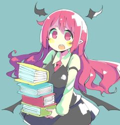 Rule 34 | 1girl, :o, baron (x5qgeh), bat wings, blue background, blush, book, book stack, breasts, detached wings, dress shirt, head wings, holding, holding book, koakuma, long hair, low wings, medium breasts, necktie, open book, open mouth, pointy ears, red hair, shirt, simple background, skirt, solo, touhou, vest, wings, yellow blush