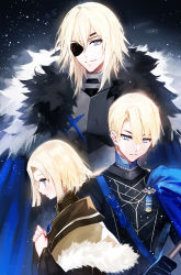 Rule 34 | 1boy, age progression, aged down, aged up, armor, blonde hair, blue eyes, cape, child, dimitri alexandre blaiddyd, eyepatch, fire emblem, fire emblem: three houses, fur trim, gloves, highres, juexing (moemoe3345), long hair, looking at viewer, male focus, nintendo, snow, solo