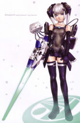 Rule 34 | 1girl, absurdres, android, blue eyes, blue thighhighs, bodysuit, boots, bow, cameltoe, caseal, choker, collarbone, elbow gloves, energy sword, flat chest, full body, game console, gloves, gun, hakua ugetsu, highres, legs, lips, phantasy star, phantasy star online, racaseal, scan, sega dreamcast, short hair, skin tight, solo, standing, sword, text focus, thigh boots, thighhighs, weapon, white background, white hair, zettai ryouiki