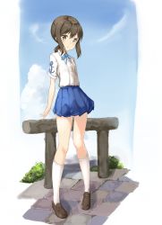 Rule 34 | 10s, 1girl, alternate costume, ame., black hair, blush, brown eyes, casual, day, fubuki (kancolle), full body, highres, kantai collection, loafers, long hair, looking at viewer, low ponytail, md5 mismatch, resolution mismatch, shoes, short ponytail, sky, solo, source smaller
