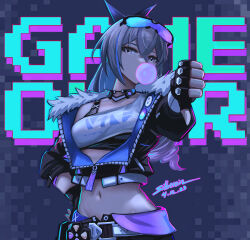 Rule 34 | 1girl, black gloves, black jacket, black ribbon, black shorts, breasts, blowing bubbles, chewing gum, collarbone, commentary, cropped jacket, dated, english commentary, fingerless gloves, fur-trimmed jacket, fur trim, game over, gloves, goggles, goggles on head, grey eyes, grey hair, hair between eyes, hair ribbon, highres, honkai: star rail, honkai (series), jacket, long sleeves, medium breasts, navel, outstretched arm, puffy long sleeves, puffy sleeves, ribbon, shorts, signature, silberein, silver wolf (honkai: star rail), solo, text background, thumbs up