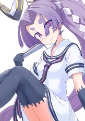 Rule 34 | 1girl, :3, aki inu, black gloves, black thighhighs, dress, eyes visible through hair, fang, folded fan, folding fan, gloves, hair ribbon, hand fan, hatsuharu (kancolle), headgear, holding, holding fan, kantai collection, long hair, necktie, ponytail, purple eyes, purple hair, ribbon, sailor collar, sailor dress, short sleeves, simple background, solo, thighhighs, white background, white dress