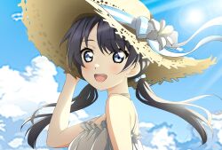 Rule 34 | 1girl, bare shoulders, blue eyes, blue hair, hat, kujo awenn, looking at viewer, love live!, link! like! love live!, murano sayaka, open mouth, simple background, smile, solo, twintails