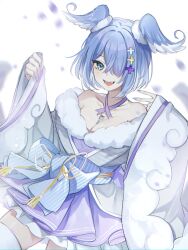 Rule 34 | 1girl, :d, bare shoulders, blue eyes, blue hair, blue nails, breasts, cleavage, collarbone, commentary request, elira pendora, fangs, fur-trimmed kimono, fur trim, grey kimono, hair ornament, hair over one eye, hands up, highres, japanese clothes, key, kimono, leafwow, long sleeves, medium breasts, nail polish, nijisanji, nijisanji en, off shoulder, open mouth, pleated skirt, purple skirt, skirt, sleeves past wrists, smile, solo, thighhighs, virtual youtuber, white background, white thighhighs, wide sleeves