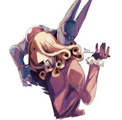 Rule 34 | absurdres, blonde hair, brown gloves, brown shirt, cropped torso, curly hair, dirty deeds done dirt cheap, frilled sleeves, frills, funny valentine, gloves, hand up, highres, jojo no kimyou na bouken, long hair, long sleeves, looking away, parted bangs, parted lips, profile, shirt, signature, simple background, sofra, stand (jojo), steel ball run, twitter username, upper body, white background
