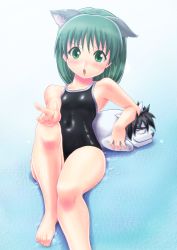 Rule 34 | 1girl, absurdres, animal ears, barefoot, competition school swimsuit, dog, dog ears, green eyes, green hair, highres, one-piece swimsuit, original, school swimsuit, short hair, swimsuit, tennouji masamichi, v
