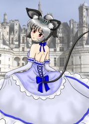 Rule 34 | 1girl, alternate costume, alternate hairstyle, animal ears, backless outfit, bow, clothes lift, dress, elbow gloves, from behind, gloves, grey hair, highres, layered dress, looking at viewer, looking back, mouse ears, mouse tail, nazrin, palace, photo background, ponytail, red eyes, short hair, shoulder blades, skirt, skirt lift, solo, tail, tiara, touhou, xiaolong (touhoufuhai)