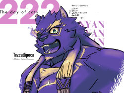 Rule 34 | 1boy, :d, animal ears, bara, cat day, chest hair, cropped torso, flaming eye, forked eyebrows, furry, furry male, happy, highres, jaguar boy, jaguar ears, jaguar tail, large pectorals, long hair, looking at viewer, male focus, mature male, muscular, muscular male, one eye covered, open mouth, pectorals, purple theme, saro (rotsw 00022), sharp teeth, slit pupils, smile, solo, tail, teeth, tezcatlipoca (housamo), thick eyebrows, tokyo houkago summoners