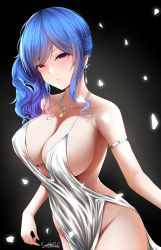 Rule 34 | 1girl, absurdres, azur lane, backless dress, backless outfit, bare shoulders, black background, blue hair, bracelet, breasts, cleavage, collarbone, dress, earrings, evening gown, falling petals, grey dress, hair ornament, hairclip, halter dress, halterneck, highres, huge filesize, jewelry, large breasts, looking at viewer, necklace, parted lips, petals, pink eyes, plunging neckline, revealing clothes, side ponytail, sidelocks, silver dress, st. louis (azur lane), st. louis (luxurious wheels) (azur lane), suzishi ovo, thighs
