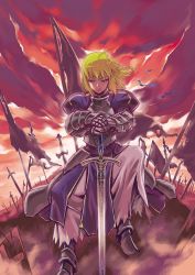 Rule 34 | 00s, 1girl, ahoge, armor, artoria pendragon (fate), battlefield, blonde hair, braid, caliburn (fate), fate/stay night, fate (series), field of blades, flag, green eyes, hands on hilt, saber (fate), shirou, solo, sword, weapon