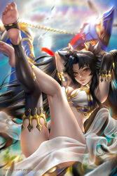Rule 34 | 1girl, anklet, armlet, ass, asymmetrical sleeves, ayya sap, bare shoulders, barefoot, black hair, breasts, bridal gauntlets, commentary, crown, detached collar, earrings, elbow gloves, fate/grand order, fate (series), flying, full body, gloves, hair ribbon, heavenly boat maanna, hoop earrings, ishtar (fate), jewelry, long hair, looking at viewer, medium breasts, navel, neck ring, outdoors, parted bangs, patreon, pelvic curtain, red eyes, ribbon, signature, single elbow glove, single thighhigh, smile, soles, solo, sun, thighhighs, toeless legwear, two side up, uneven sleeves, very long hair, watermark, weapon