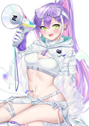 Rule 34 | 1girl, absurdres, closed mouth, demon tail, gloves, goggles, goggles on head, green eyes, hand on back, highres, hip tattoo, holding, holding megaphone, hololive, knee pads, long hair, looking at viewer, megaphone, melting tail, multicolored hair, navel, neko neneko, open mouth, ponytail, purple hair, shorts, smile, solo, strapless, tail, tattoo, tokoyami towa, tokoyami towa (5th costume), tube top, virtual youtuber, white gloves, white shorts, white tube top
