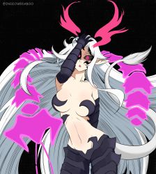 Rule 34 | alternate eye color, alternate hair color, armor, arms behind back, arms up, aura, bare shoulders, black sclera, breasts, brother and sister, bug, centipede, cleavage, colored sclera, corruption, dark persona, demon, demon girl, disgaea, elbow gloves, gloves, highres, indioweeaboo, large breasts, liezerota, liezerota (disgaea), lion, lion tail, long hair, makai senki disgaea 5, midriff, nippon ichi, official alternate costume, official alternate eye color, official alternate hair color, open mouth, pants, possessed, possession, red eyes, siblings, sky, solo, space, star (sky), star (symbol), starry sky, tail, twitter username, void dark (disgaea), white hair, white tail