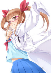Rule 34 | 1girl, blue shirt, blue skirt, blunt bangs, blurry, blush, bow, bowtie, breasts, brown eyes, brown hair, cowboy shot, dressing, from side, glasses, hair bow, hair ribbon, hands up, idolmaster, idolmaster cinderella girls, idolmaster cinderella girls starlight stage, ikebukuro akiha, lab coat, long hair, long sleeves, looking at viewer, midriff peek, miri (ago550421), open mouth, outstretched arm, pen in pocket, pink-framed eyewear, pleated skirt, red bow, red bowtie, red ribbon, ribbon, school uniform, semi-rimless eyewear, serafuku, shirt, signature, simple background, skirt, sleeves past fingers, sleeves past wrists, small breasts, smile, solo, standing, twintails, under-rim eyewear, white background