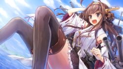 Rule 34 | 10s, 1girl, ahoge, bare shoulders, black thighhighs, blue sky, blush, boots, breasts, brown hair, cannon, cloud, day, detached sleeves, double bun, hair bun, hair ornament, hairband, headgear, japanese clothes, kantai collection, kongou (kancolle), long hair, medium breasts, nontraditional miko, open mouth, personification, purple eyes, ribbon-trimmed sleeves, ribbon trim, sitting, skirt, sky, smile, solo, suien, thigh boots, thighhighs, turret, water