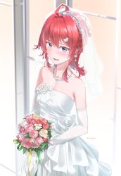 Rule 34 | 1girl, ahoge, alternate costume, arashi (kancolle), bouquet, breasts, bridal veil, bride, common2012, dress, earrings, elbow gloves, flower, gloves, highres, holding, holding bouquet, jewelry, kantai collection, purple eyes, red hair, sleeveless, sleeveless dress, small breasts, solo, strapless, strapless dress, veil, wedding dress, white dress, white gloves