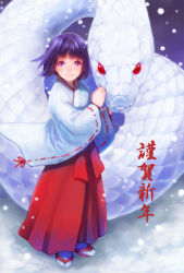 Rule 34 | 1girl, animal, chinese zodiac, closed mouth, hakama, hands up, japanese clothes, long sleeves, looking up, miko, nengajou, new year, original, oversized animal, purple eyes, purple hair, red eyes, red hakama, ribbon-trimmed sleeves, ribbon trim, sandals, short hair, smile, snake, snow, snowing, socks, soujirou, standing, white snake, white socks, wide sleeves, year of the snake, zouri