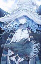 Rule 34 | 1girl, absurdres, blood, blue eyes, blue hair, cloak, colored skin, commentary request, cracked skin, dress, elden ring, extra arms, full moon, hat, highres, kunikune, long hair, looking at viewer, moon, parted lips, ranni the witch, solo, upper body, wavy hair, white dress, white skin, witch hat, wolf head