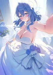 Rule 34 | 1girl, ako (blue archive), alternate costume, blue archive, blue eyes, blue flower, blue hair, blue halo, blush, breasts, cleavage, commentary, flower, grin, hair between eyes, halo, highres, large breasts, long hair, smile, solo, yampa