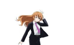 1girl belt belt_buckle black_belt black_pants black_suit blush breasts brown_hair buckle business_suit collared_shirt cowboy_shot formal_clothes hair_between_eyes hair_ornament hairclip hand_in_own_hair hand_up highres konoe_kanata long_hair long_sleeves looking_at_viewer love_live! love_live!_nijigasaki_high_school_idol_club love_live!_school_idol_festival_2 necktie official_art one_eye_closed open_clothes pants purple_eyes purple_necktie shirt smile solo suit transparent_background wavy_hair white_shirt