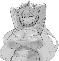 Rule 34 | 10s, 1girl, :p, arms up, breasts, cleavage, cleavage cutout, clothing cutout, commentary, eu03, granblue fantasy, greyscale, head wreath, huge breasts, long hair, meme attire, monochrome, open-chest sweater, ribbed sweater, rosetta (granblue fantasy), sagging breasts, sketch, solo, sweater, tongue, tongue out