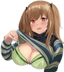 Rule 34 | 1girl, :d, absurdres, black bow, black scarf, blush, bow, bra, breasts, brown hair, cleavage, clothes lift, cropped torso, fingernails, girls&#039; frontline, green bra, hair bow, hair ornament, hairclip, hako reeema, highres, large breasts, lifted by self, long hair, long sleeves, looking at viewer, official alternate costume, open mouth, red eyes, scar, scar across eye, scar on face, scarf, smile, solo, strap gap, striped clothes, striped scarf, sweater, sweater lift, twintails, ump9 (&quot;am i late?&quot;) (girls&#039; frontline), ump9 (girls&#039; frontline), underwear