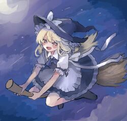 Rule 34 | + +, :d, apron, black dress, black footwear, black hat, blonde hair, blush, bow, broom, broom riding, cloud, collared shirt, crescent, crescent moon, dress, flying, frilled hat, frilled sleeves, frills, gyakutanchi1, hair bow, happy, hat, hat bow, highres, holding, holding broom, kirisame marisa, light, long hair, looking at viewer, moon, night, night sky, open mouth, orange eyes, puffy short sleeves, puffy sleeves, purple bow, shirt, shoes, short sleeves, sitting, sky, smile, star (symbol), touhou, waist apron, white apron, white bow, wind, witch hat